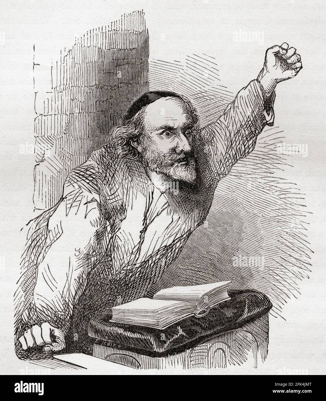 KNOX auf der Kanzel. John Knox, c. 1514 –1572. Schottischer Minister, Theologe, Schriftsteller, Führer der Reformation des Landes und Gründer der Presbyterianischen Kirche von Schottland. Aus der Geschichte des Fortschritts in Großbritannien, veröffentlicht 1866. Stockfoto