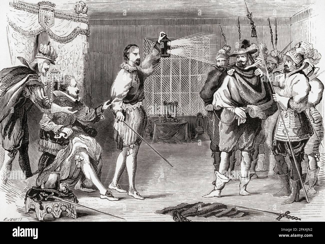 Die Schießpulver-Darstellung. Guy Fawkes verhört von James I. und seinem rat im Schlafzimmer des Königs, Whitehall. Guy Fawkes, 1570–1606, alias Guido Fawkes, Mitglied einer Gruppe englischer Provinzkatholiken, die am Gunpowder Plot von 1605, alias Gunpowder Verrat Plot oder dem Jesuitenverrat, einem gescheiterten Attentat gegen König Jakob I. von England und VI. Von Schottland teilgenommen haben. Die Verschwörung war, das House of Lords während der Eröffnung des englischen Parlaments am 5. November 1605 in die Luft zu jagen. Aus der Geschichte des Fortschritts in Großbritannien, veröffentlicht 1866. Stockfoto