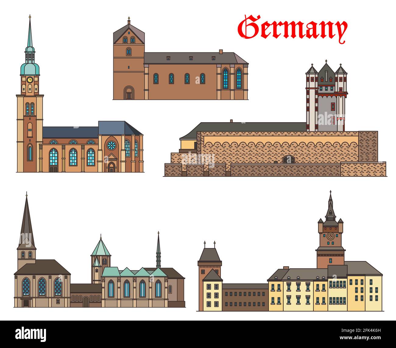 Deutschland Wahrzeichen Gebäude Architektur, Schlösser und Kathedralenhäuser, deutsche Städte, Vektor. St. Reinold und Peter Kirche in Dortmund, Schwanenburg ca. Stock Vektor