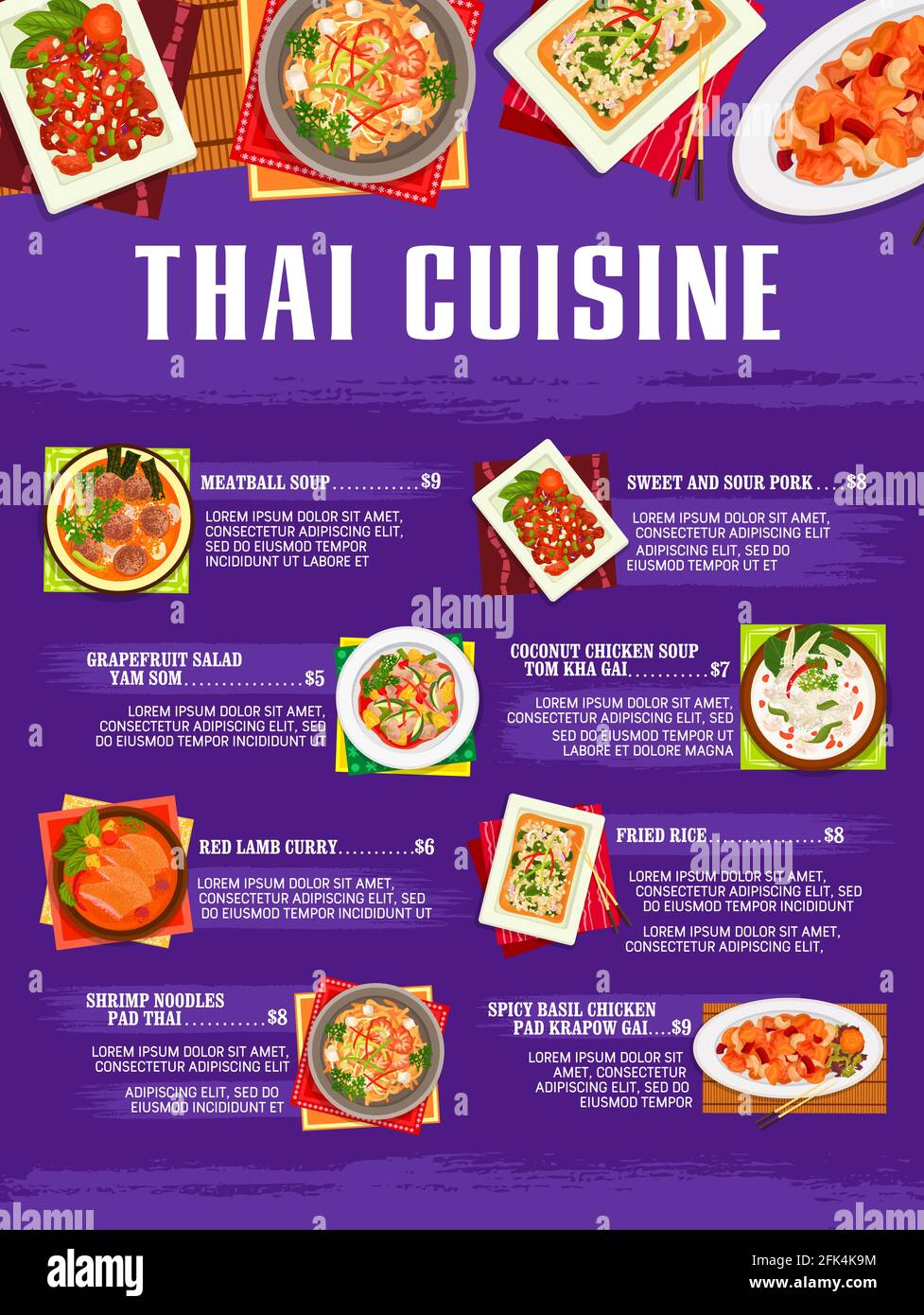 Die Speisekarte des thailändischen Restaurants ist abgedeckt. Fleischbällchen und Kokoshuhn tom Kha Gai Suppe und Basilikum Chicken Pad Kparow Gai, Garnelennudeln Pad thai und gebratenen ric Stock Vektor