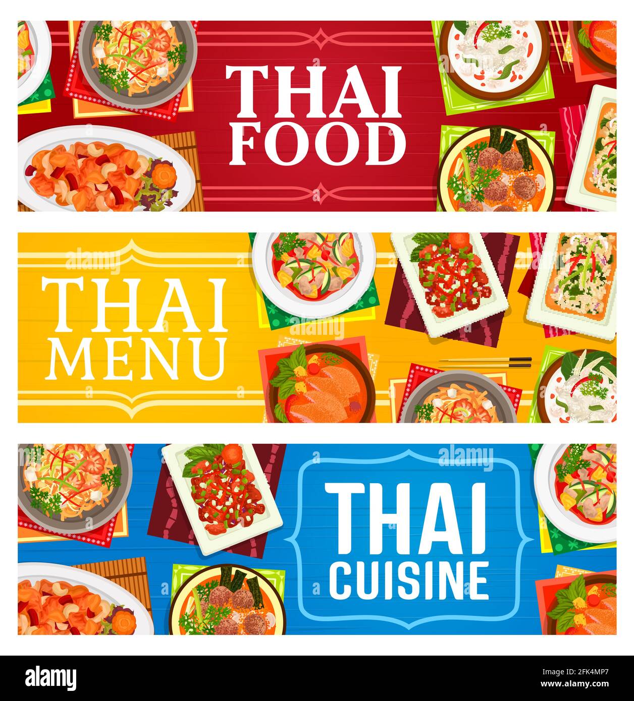 Thai Küche Restaurant Essen Banner. Würziges Basilikum-Hühnerfleisch-Pad Kparow Gai, Kokos-Hühnersuppe tom Kha Gai und Grapefruitsalat Yam som, süß und Sou Stock Vektor