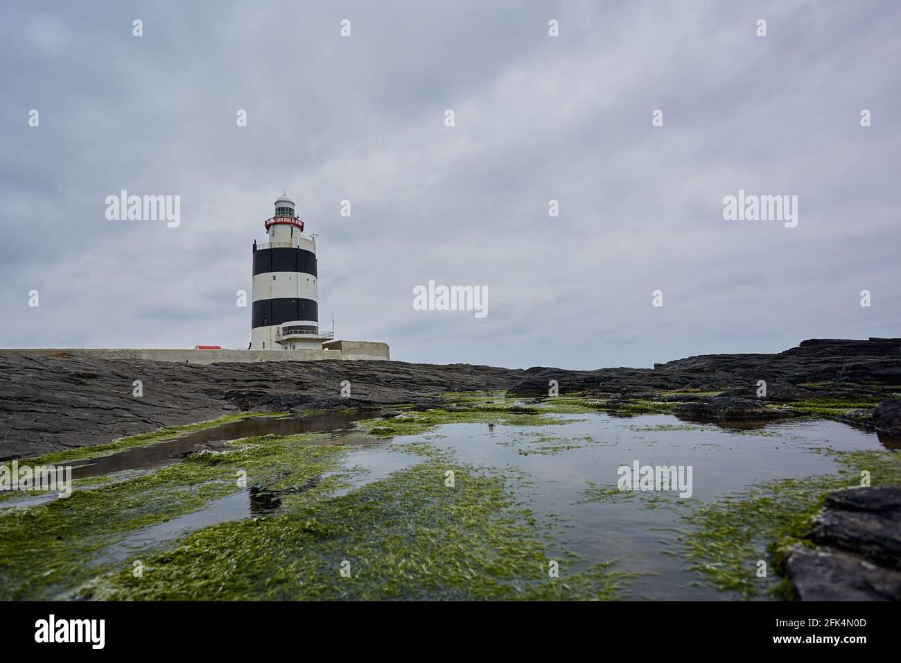 Alter Leuchtturm, umgeben von Felsen mit Moos und Reflexen im Wasser. Wexford, Irland. Stockfoto