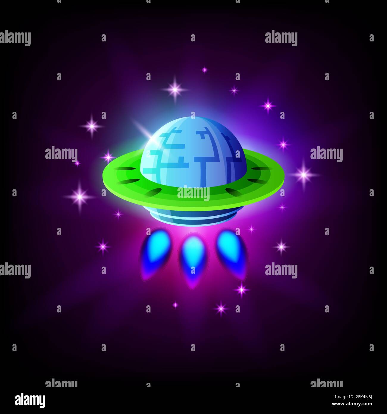 UFO-Alien-Raumschiff auf dem Hintergrund des Raumes und Sterne-Symbol, Vektor-Illustration. Stock Vektor