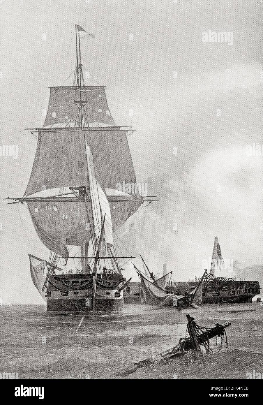 Der Krieg von 1812. Seeschlacht zwischen zwei Schiffen, der USS Constitution und der HMS Guerriere. Stockfoto