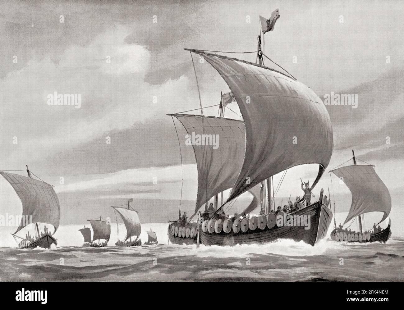 Eine Flotte von Wikingerschiffen auf einer Razzia. Stockfoto