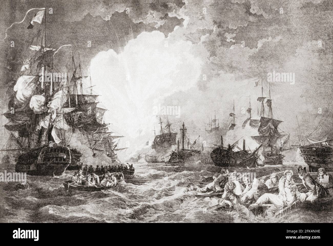 Die Schlacht am Nil, die auch die Schlacht von Aboukir Bay genannt wird, wurde 1798 zwischen der britischen Royal Navy und der Marine der Französischen Republik in der Aboukir Bay ausgetragen. Stockfoto