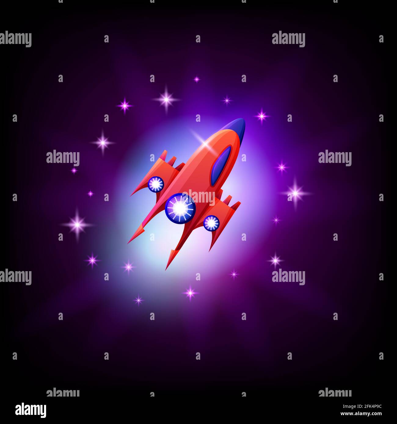 UFO-Alien-Raumschiff auf dem Hintergrund des Raumes und Sterne-Symbol, Vektor-Illustration. Stock Vektor