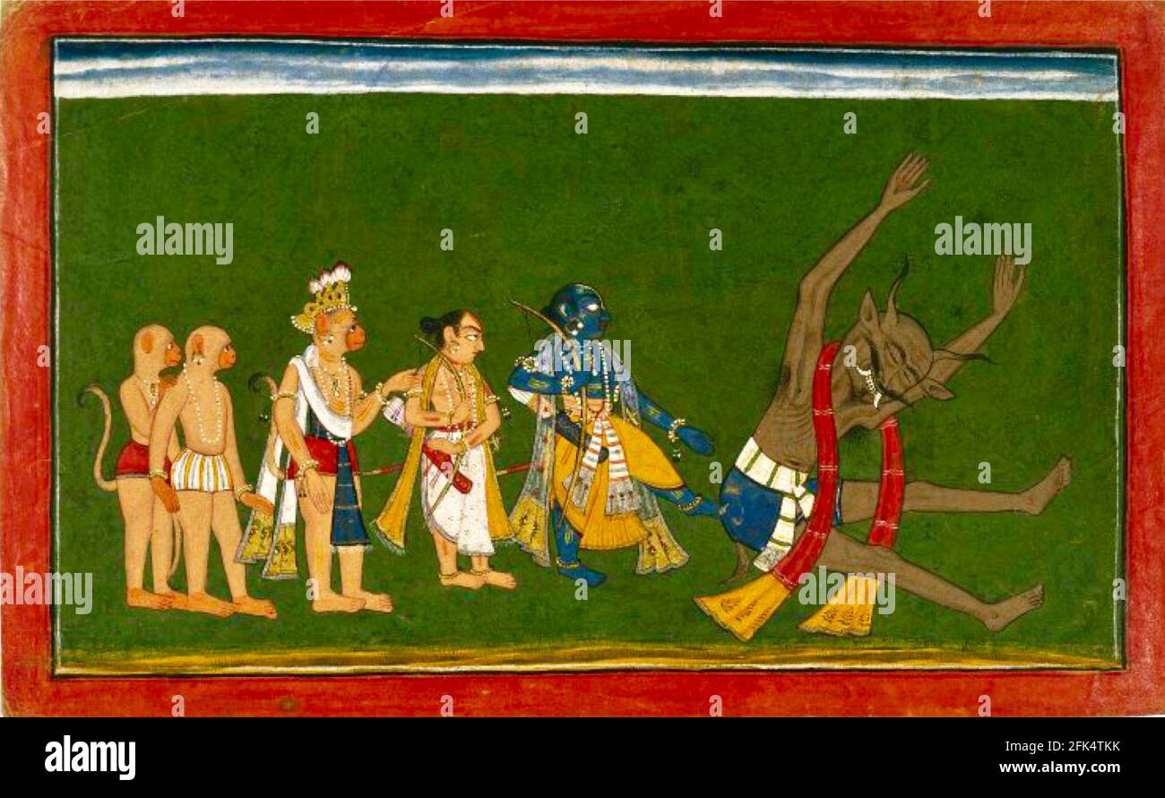 Indischer Vintage-Druck - Rama kickt den Körper der Dundubhi-Seite aus einem illustrierten Manuskript des Ramayana 'Shangri' Ramayana) Stockfoto