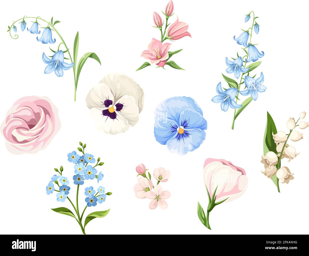 Vektor-Set aus rosa, blauen und weißen Stiefmütterchen, Lisianthus-Blumen, Bluebells, Maiglöckchen und Vergissmeinnicht-Blumen isoliert auf einem weißen Rücken Stock Vektor