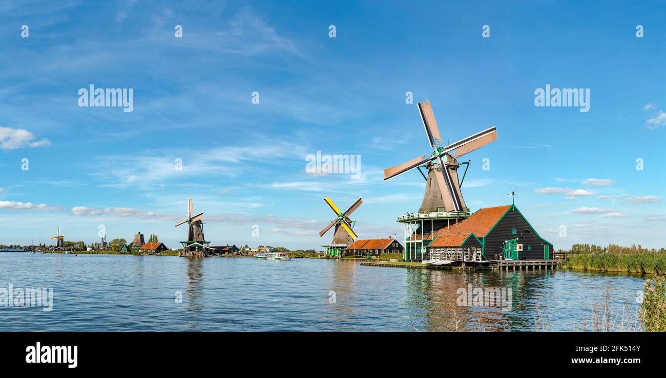 Windmühlen entlang des Flusses Zaan, De Kat, De Zoeker, Het Jonge Schaap, De Bonte Hen Stockfoto