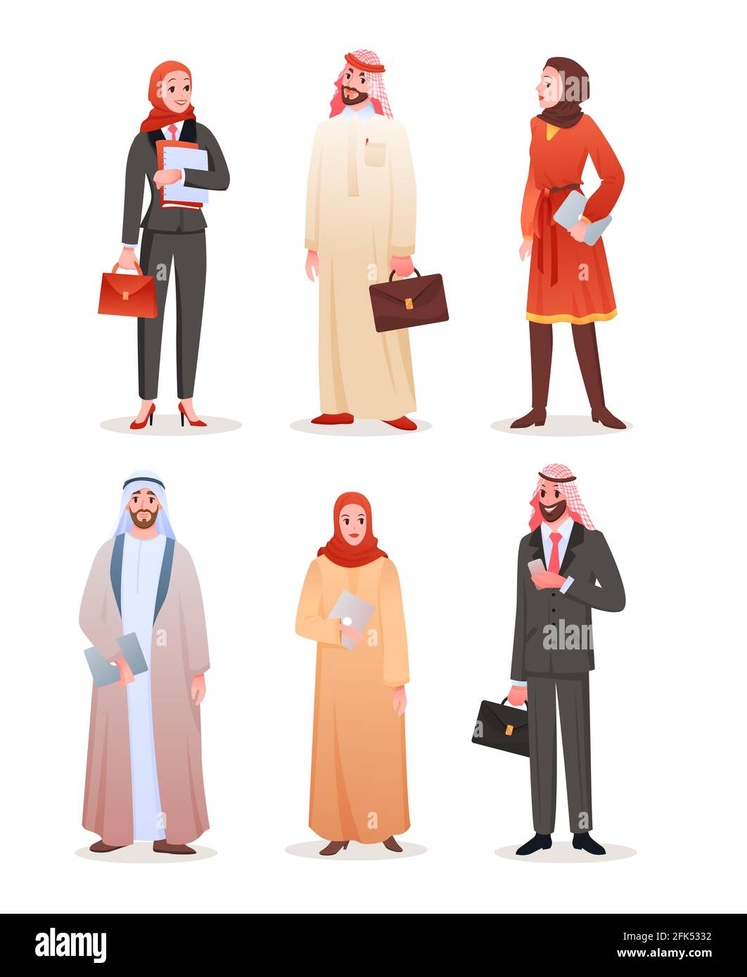 Büroangestellte arabische Geschäftsleute, Zeichentrickfilm Mann Frau saudische Zeichen isoliert gesetzt Stock Vektor