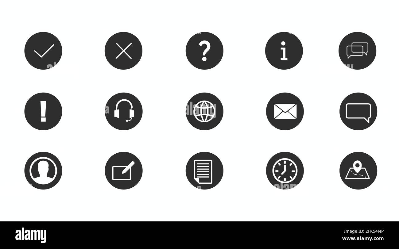 Symbolsatz für Informationen und Kontakt. Vektor isoliert schwarz und mit einfachen Informationen und Kontaktsymbolen Stock Vektor