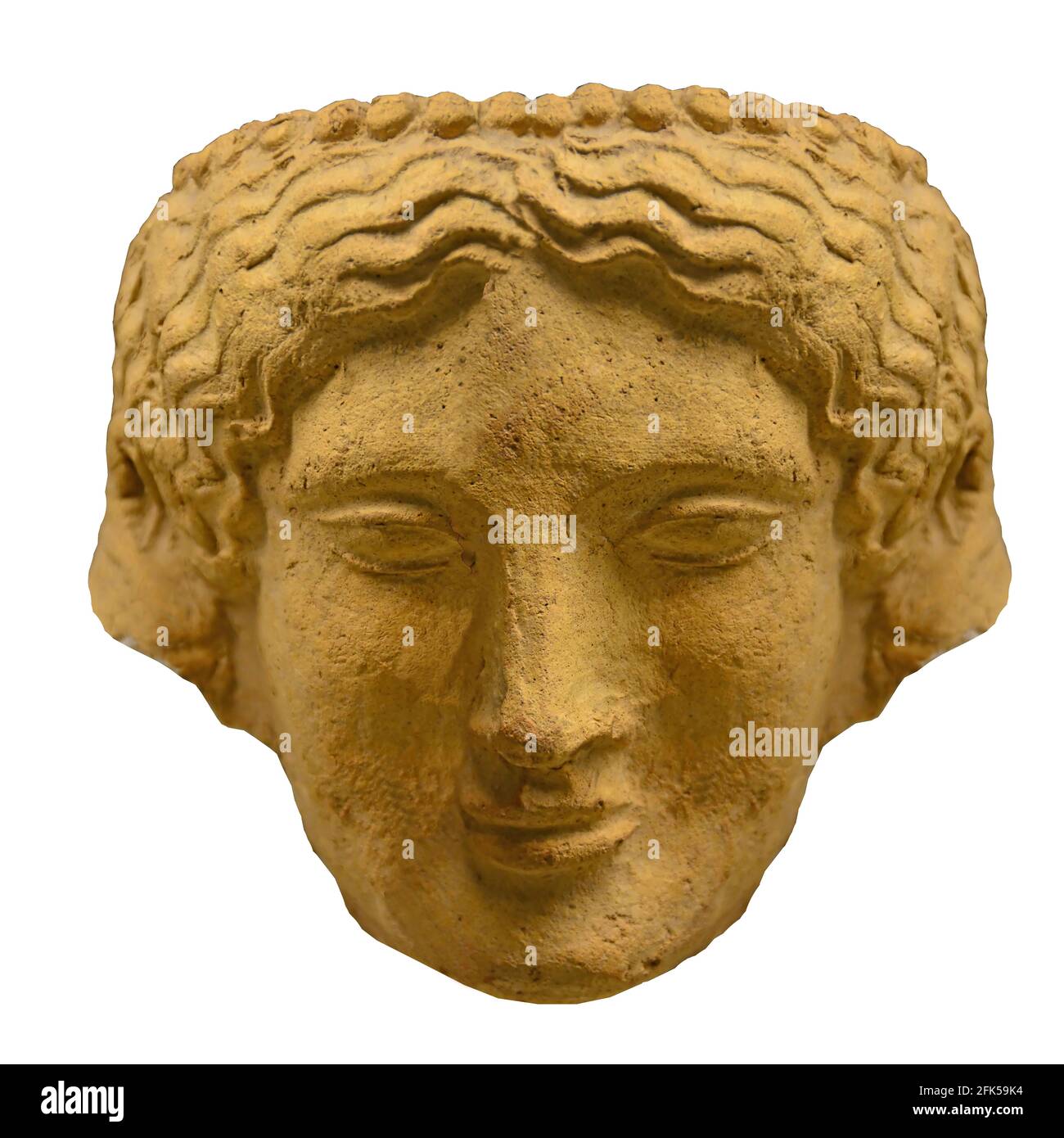 Altgriechische Skulptur des Kopfes einer Frau mit welligen Haaren und einem ruhigen Ausdruck. Datiert auf 600 v. Chr. Stockfoto