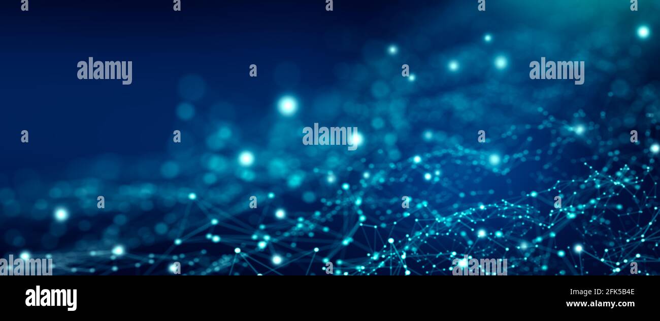 Abstrakter blauer futuristischer Hintergrund. Netzwerkverbindungsstruktur und Drahtmodell-Partikelwelle mit niedriger Poly-Form. Abstrakter Polygon-Hintergrund. 3D-Rendering. Stockfoto