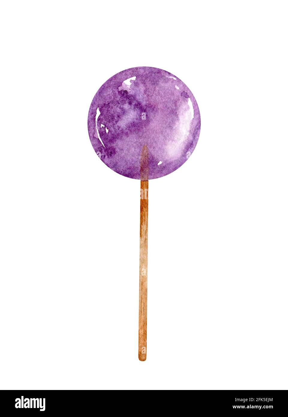 Aquarell lila Lollipop. Beerenbonbon auf einem Stock isoliert auf weißem Hintergrund. Handgezeichnete Illustration. Perfekt für Ihre Projekte, Karten, Dekorationen, Abdeckungen, Menü. Stockfoto