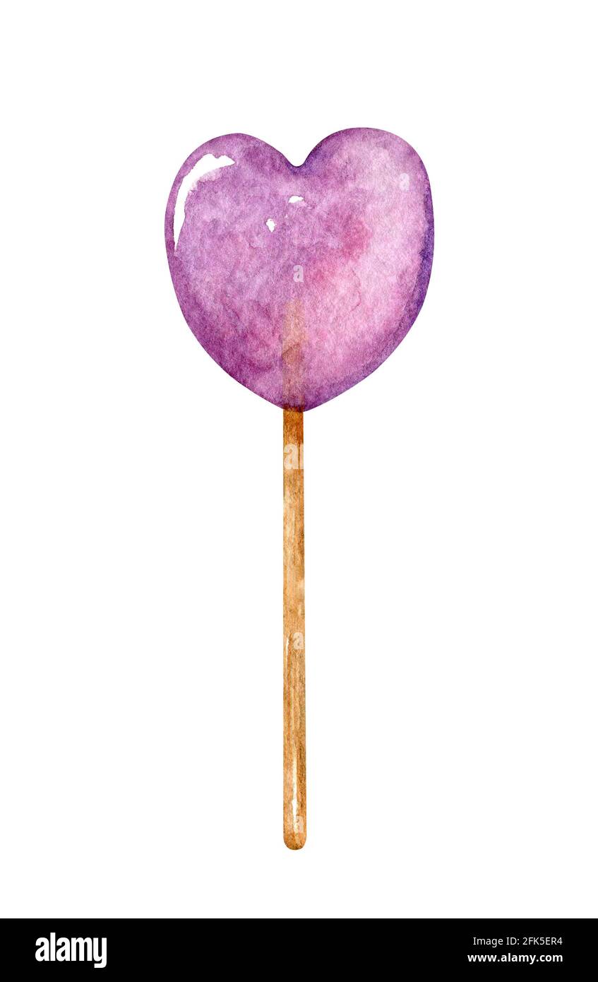 Aquarell lila herzförmiger Lollipop. Beerenbonbon auf einem Stock isoliert auf weißem Hintergrund. Handgezeichnete Illustration. Perfekt für Ihre Projekte, Karten, Dekorationen, Abdeckungen, Menü. Stockfoto