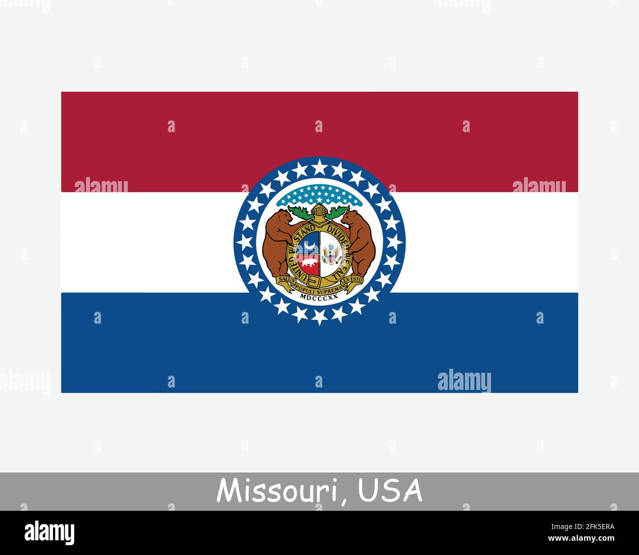Missouri USA Staatsflagge. Flagge von MO, USA isoliert auf weißem Hintergrund. Vereinigte Staaten, Amerika, American, Vereinigte Staaten von Amerika, US-Bundesstaat. Vektor-il Stock Vektor