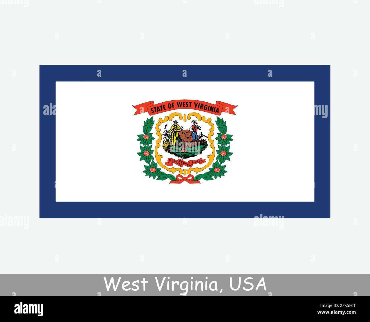 West Virginia USA Staatsflagge. Flagge von WV, USA isoliert auf weißem Hintergrund. Vereinigte Staaten, Amerika, American, Vereinigte Staaten von Amerika, US-Bundesstaat. Vect Stock Vektor