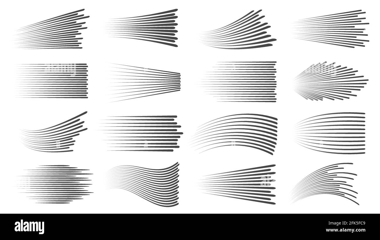 Geschwindigkeitslinien-Effekt. Schnelle Manga-Bewegungen oder komische lineare Muster. Horizontale und wellige Auto Bewegungsstreifen oder Anime-Aktion dynamischen Vektor-Set Stock Vektor
