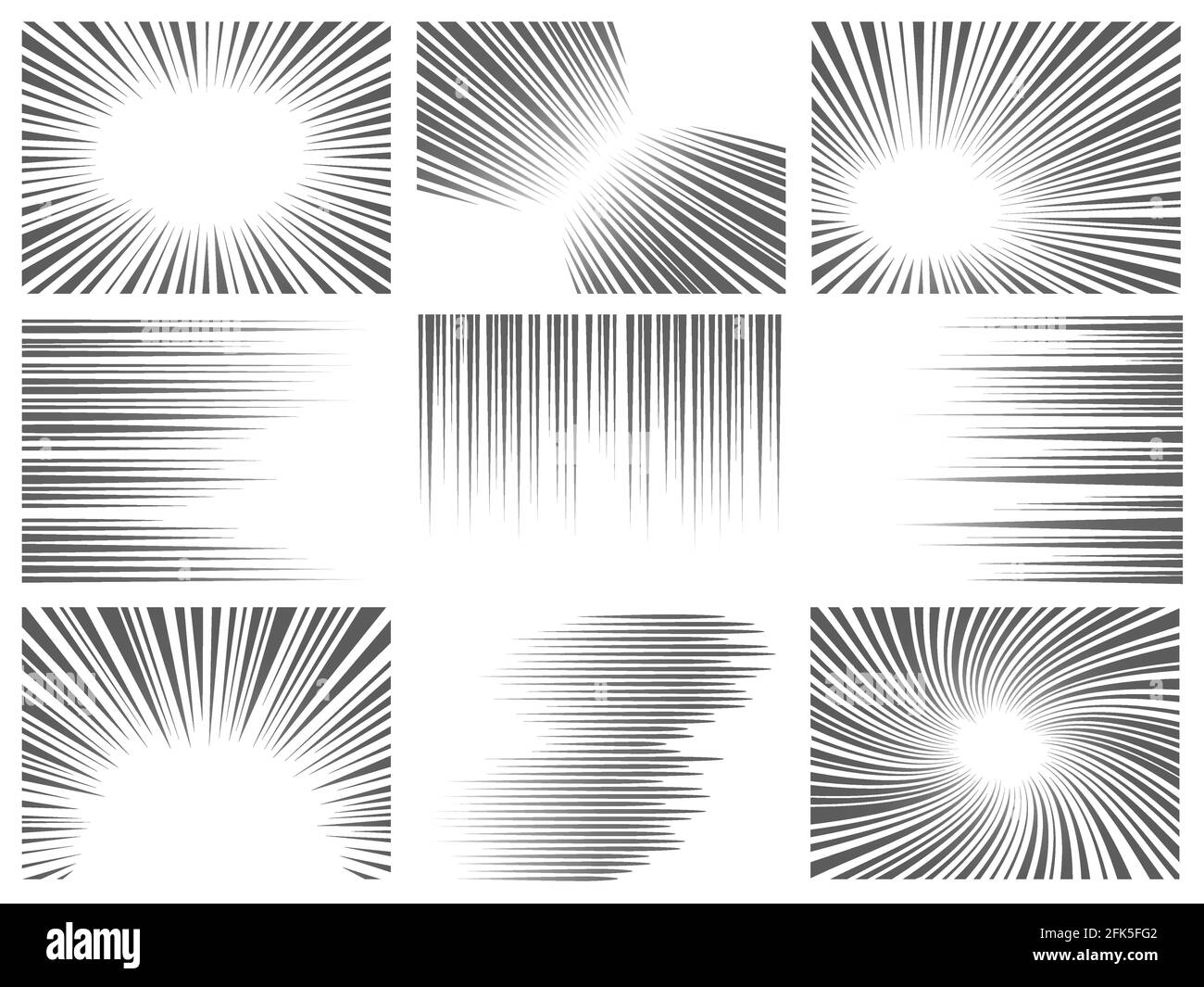 Comic-Line-Effekt. Radiale und horizontale Bewegungsstruktur für Manga und Anime. Explosion, Blitz und schnelle Aktionslinien Vektorgrafik Set Stock Vektor