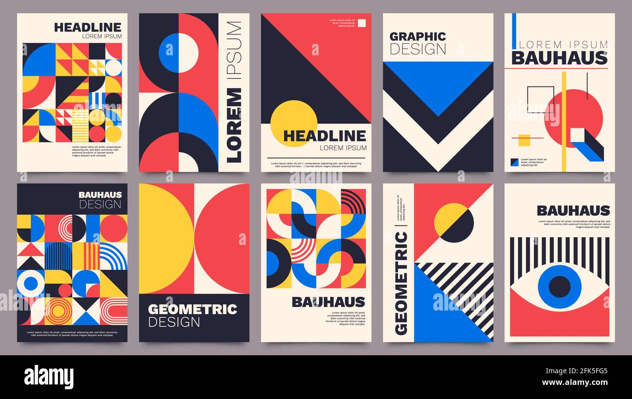 Geometrische Poster. Bauhaus Deckvorlagen mit abstrakter Geometrie. Retro-Architektur Minimale Formen, Formen, Linien und Eye-Design-Vektor-Set Stock Vektor
