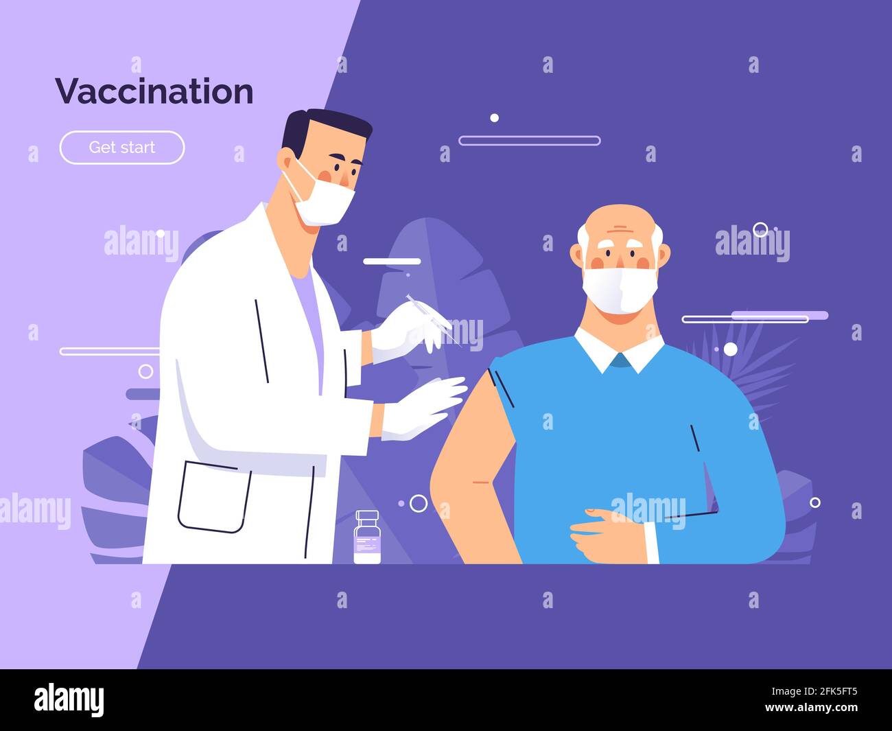 Vektorgrafik Darstellung eines männlichen Arztes impft einen alten Mann Patient gegen Coronavirus Stock Vektor