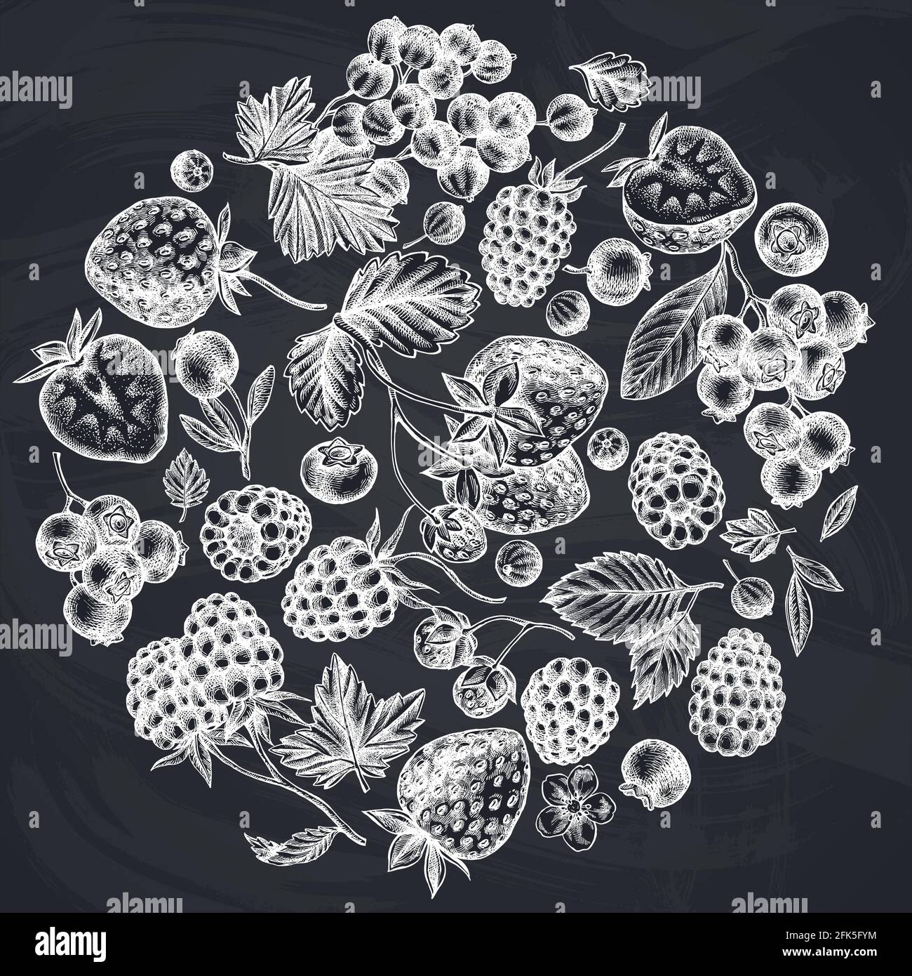 Rundes Design mit Kreideerdbeere, Heidelbeere, roter Johannisbeere, Himbeere, Brombeere Stock Vektor