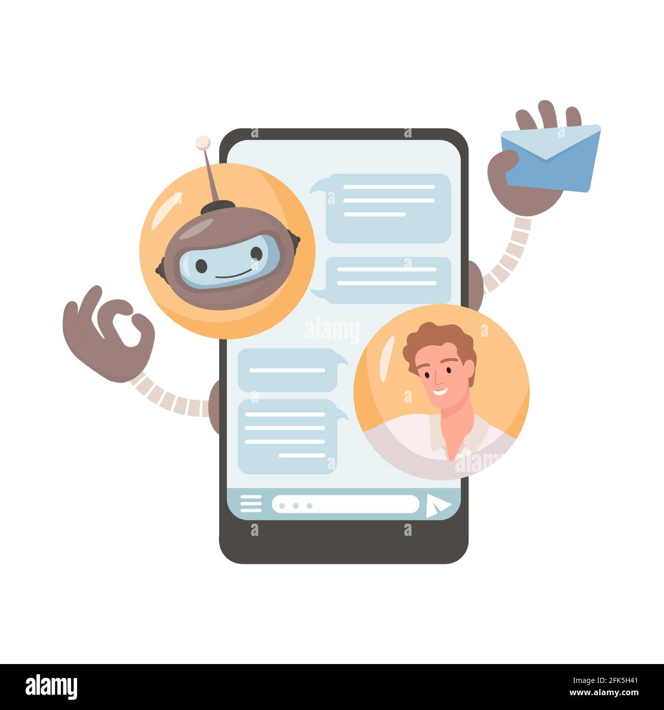 Online-Vektorgrafik für Roboterunterstützung. Junger Mann im Chat mit Roboter in der mobilen Anwendung. Support-Service, automatischer Assistent. Künstliche Intelligenz und Online-Support-Konzept. Stock Vektor