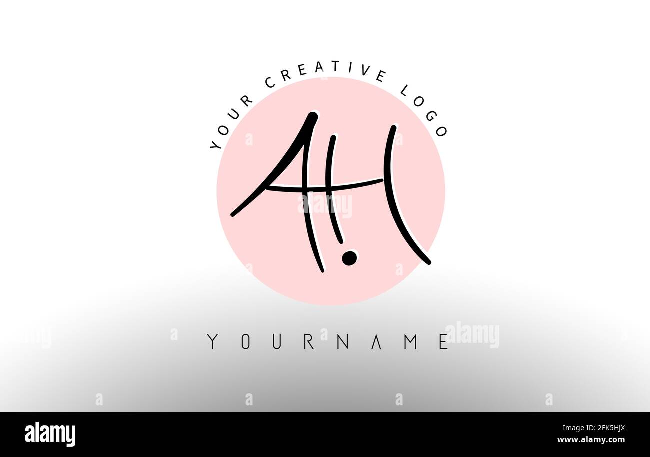 Handgeschriebene Buchstaben AH a h Logo mit abgerundetem Schriftzug und rosa Kreishintergrund. Creative Stempel Vektor Illustration mit Buchstaben A und H. Stock Vektor