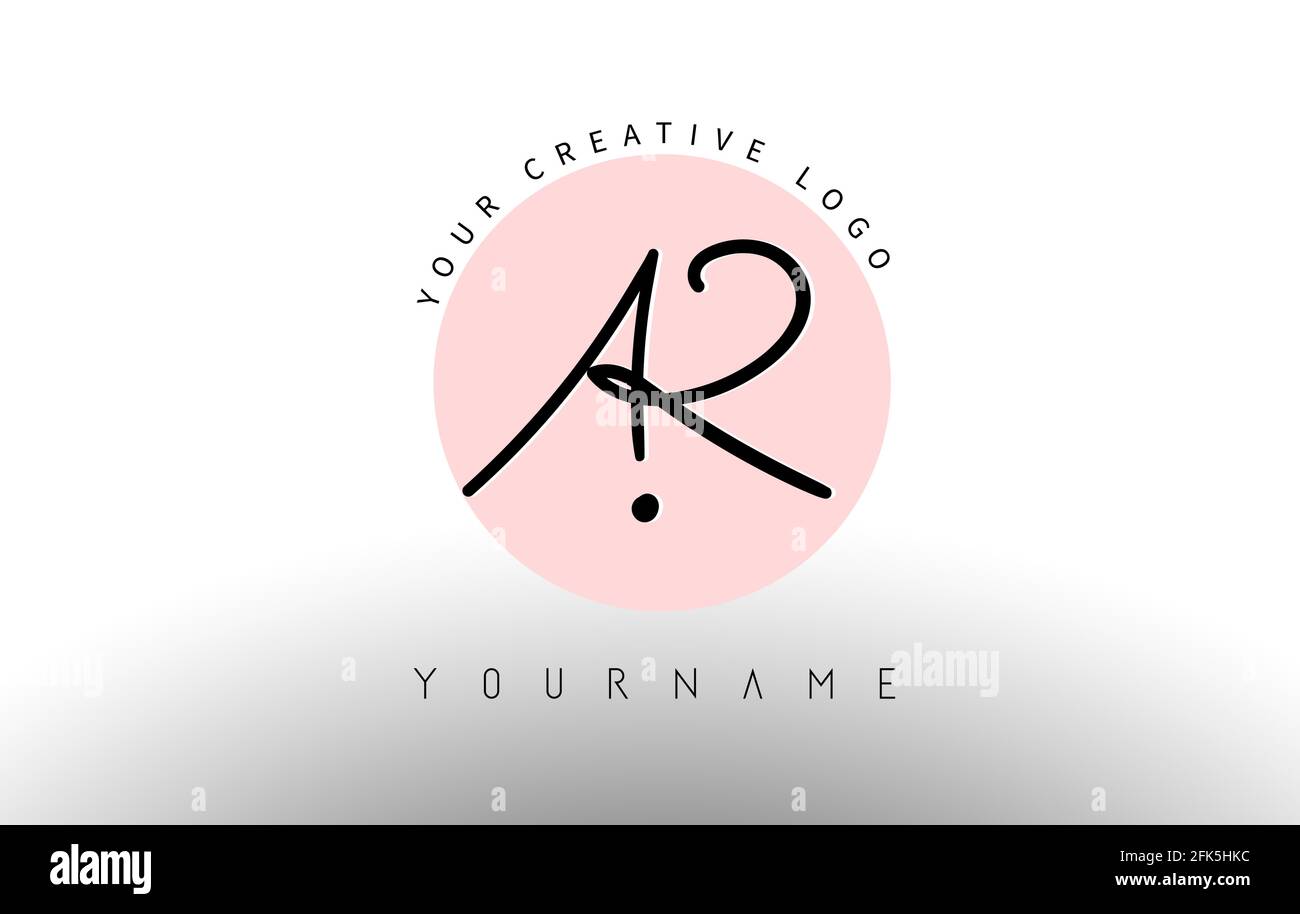 Handgeschriebene Buchstaben AR-Logo mit abgerundetem Schriftzug und rosa Kreishintergrund. Creative Stempel Vektor Illustration mit den Buchstaben A und R. Stock Vektor