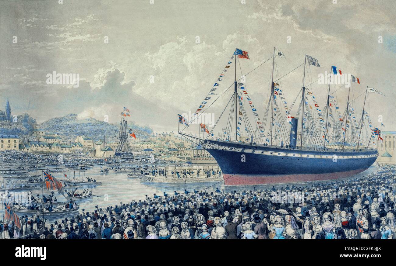 Ein Gemälde von Joseph Walter über die SS Großbritannien, das am 19. Juli 1843 von der Great Western Dockyard in den schwimmenden Hafen von Bristol gestartet wird. Sie war von 1845 bis 1854 das längste Passagierschiff der Welt und wurde von Isambard Kingdom Brunel für den transatlantischen Dienst der Great Western Steamship Company zwischen Bristol und New York City entworfen. Sie war der erste Eiserne Dampfer, der den Atlantik überquerte, was sie 1845 in der Zeit von 14 Tagen tat. Stockfoto