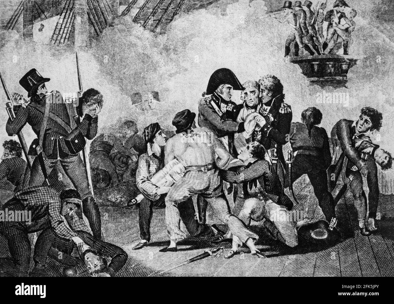 Die Verwundung von Lord Horatio Nelson am 21. Oktober 1805, als ein Musketball in seine Brust drang; der Oberfeldwebel von Marines mit zwei Seeleuten hob ihn vom Deck. Sein Tod, wenige Minuten später, ereignete sich auf dem Flaggschiff HMS Victory während der Schlacht von Trafalgar vor der Küste der spanischen Halbinsel Cape Trafalgar, als die britische Flotte unter der Führung von Lord Horatio Nelson Als Napoleon Bonaparte seine mächtige Armee über den Ärmelkanal schicken sollte, um die Insel zu erobern, übernahm er eine kombinierte französische und spanische Armee. Stockfoto