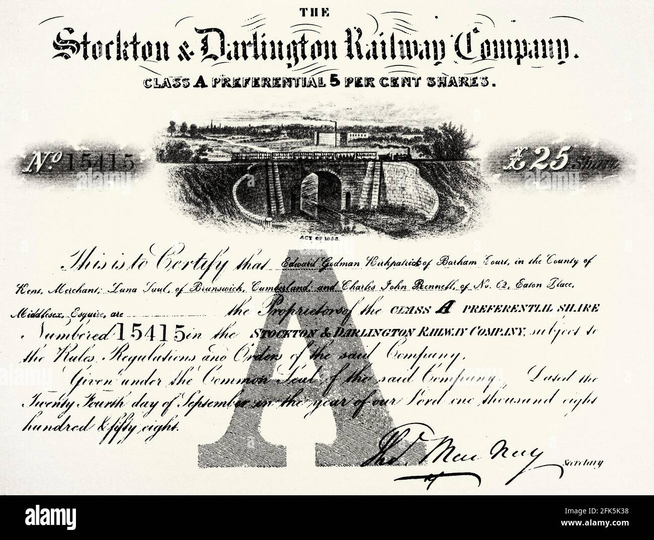 Ein Aktienzertifikat der Stockton and Darlington Railway (S&DR), die von 1825 bis 1863 in Nordostengland tätig ist. Die weltweit erste öffentliche Eisenbahn, die Dampflokomotiven verwendet, verband die Kollierien in der Nähe von Shildon mit Darlington und Stockton-on-Tees in der Grafschaft Durham und wurde am 27. September 1825 offiziell eröffnet. Der Transport von Kohle zu Schiffen wurde schnell zu einem lukrativen Geschäft, und die Linie wurde bald auf einen neuen Hafen in Middlesbrough erweitert. Stockfoto