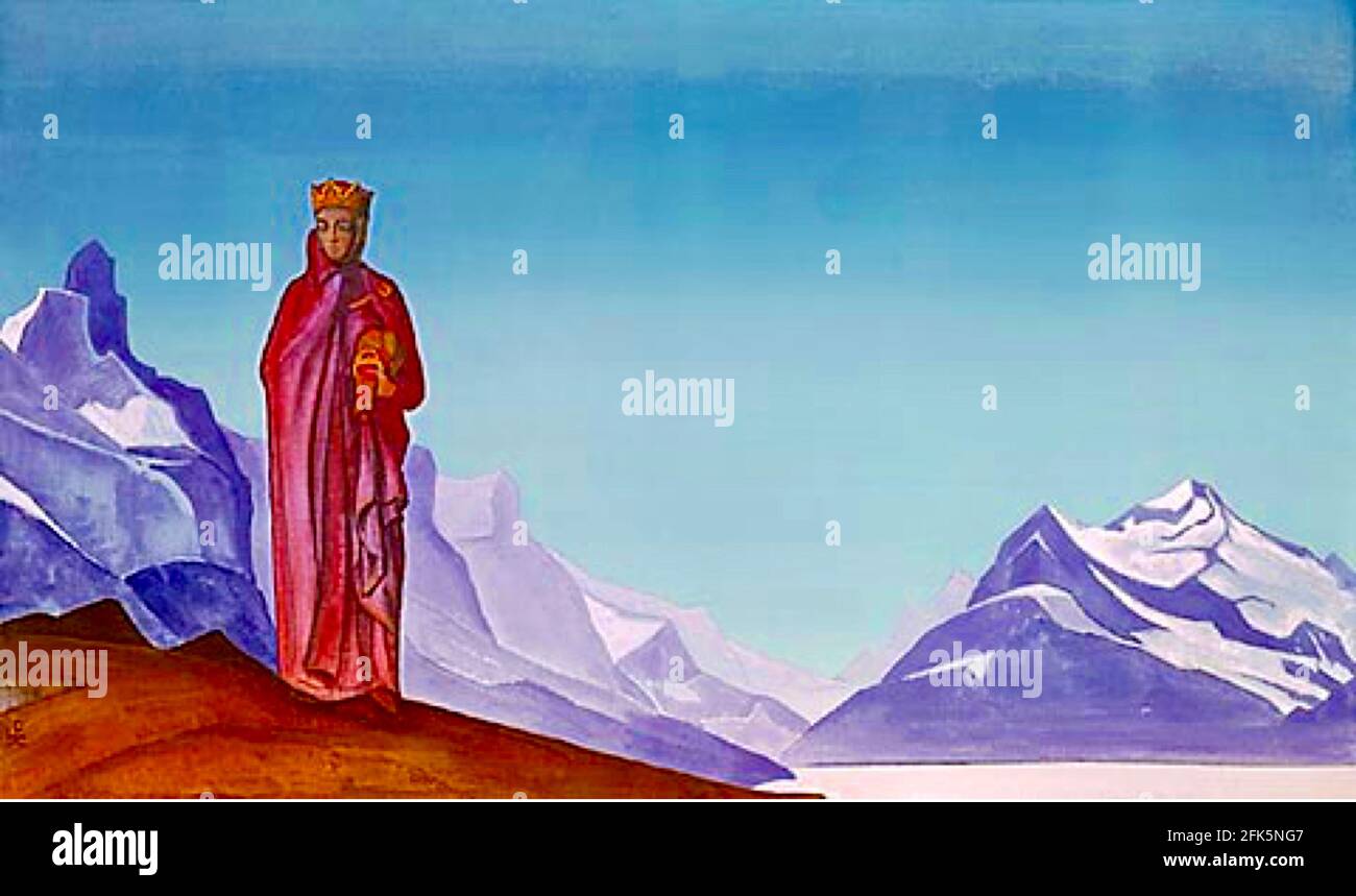 Nichola Roerich Kunstwerk mit dem Titel She Who Holds The World. Eine geheiligte heilige Frau steht in Kontemplation hoch in den Bergen. Stockfoto