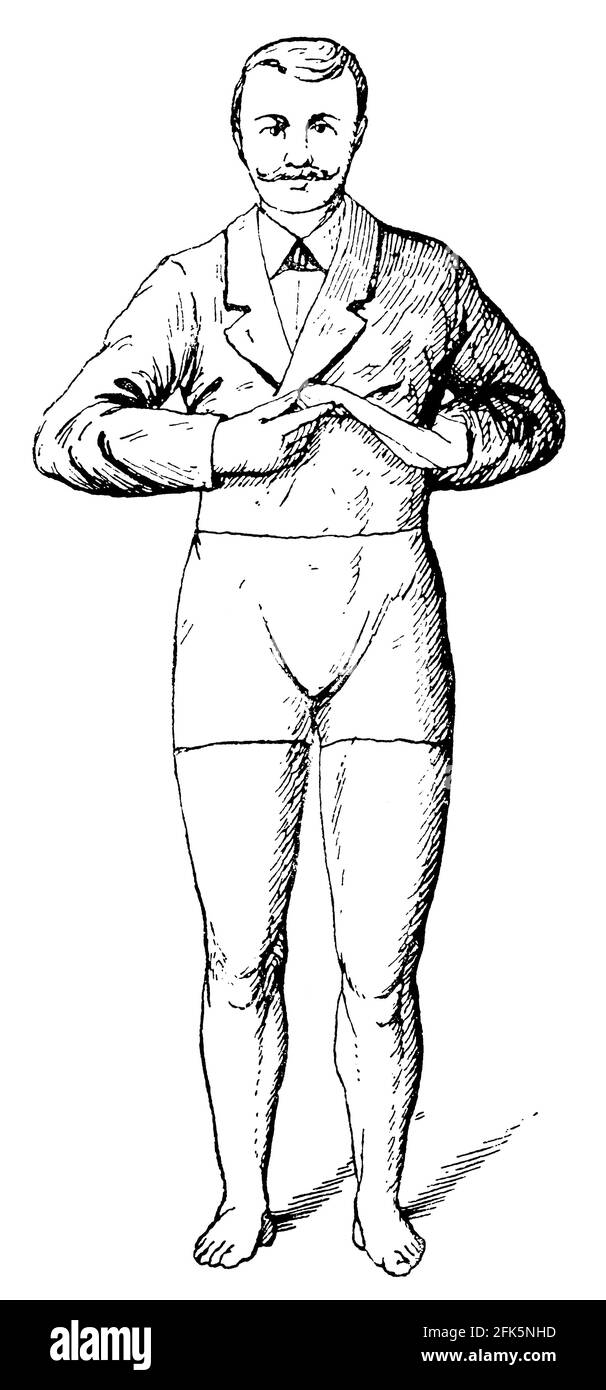 Hydrotherapie des Unterkörpers. Illustration des 19. Jahrhunderts. Deutschland. Weißer Hintergrund. Stockfoto