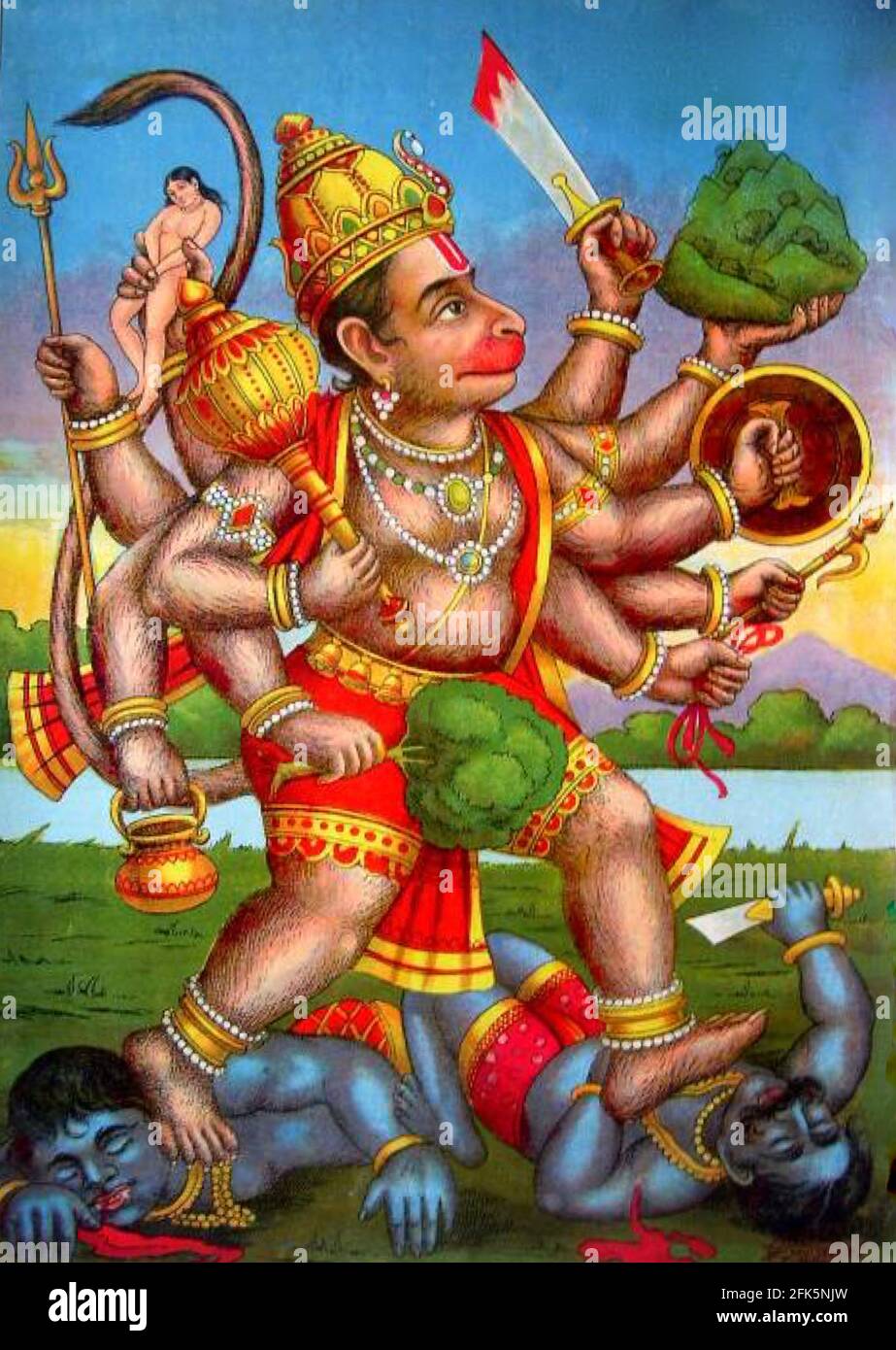 Hanuman tötet Ahi und Mahi in diesem indischen Retro-Vintage-Print. Stockfoto