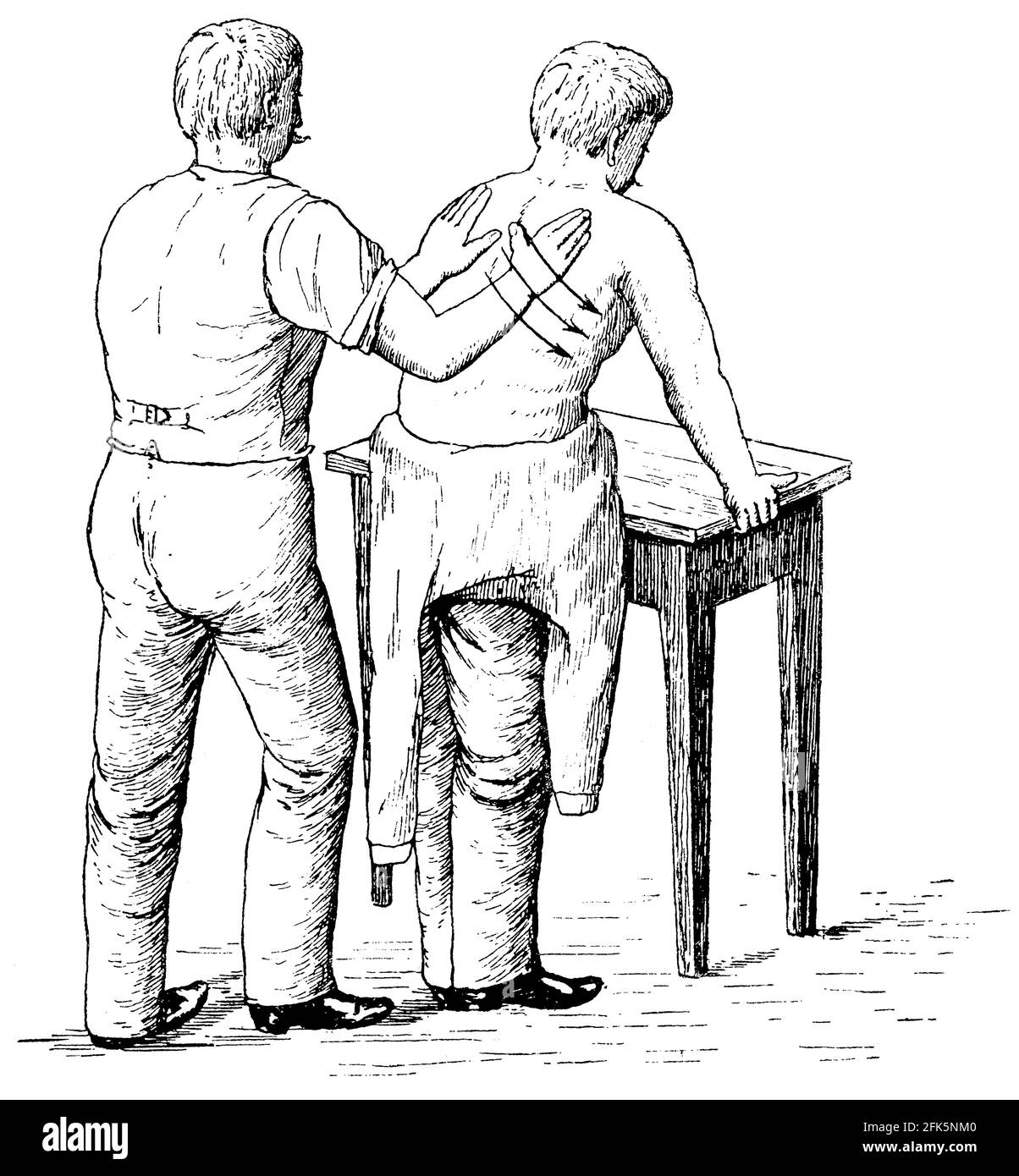 Rückenmassage. Illustration des 19. Jahrhunderts. Deutschland. Weißer Hintergrund. Stockfoto