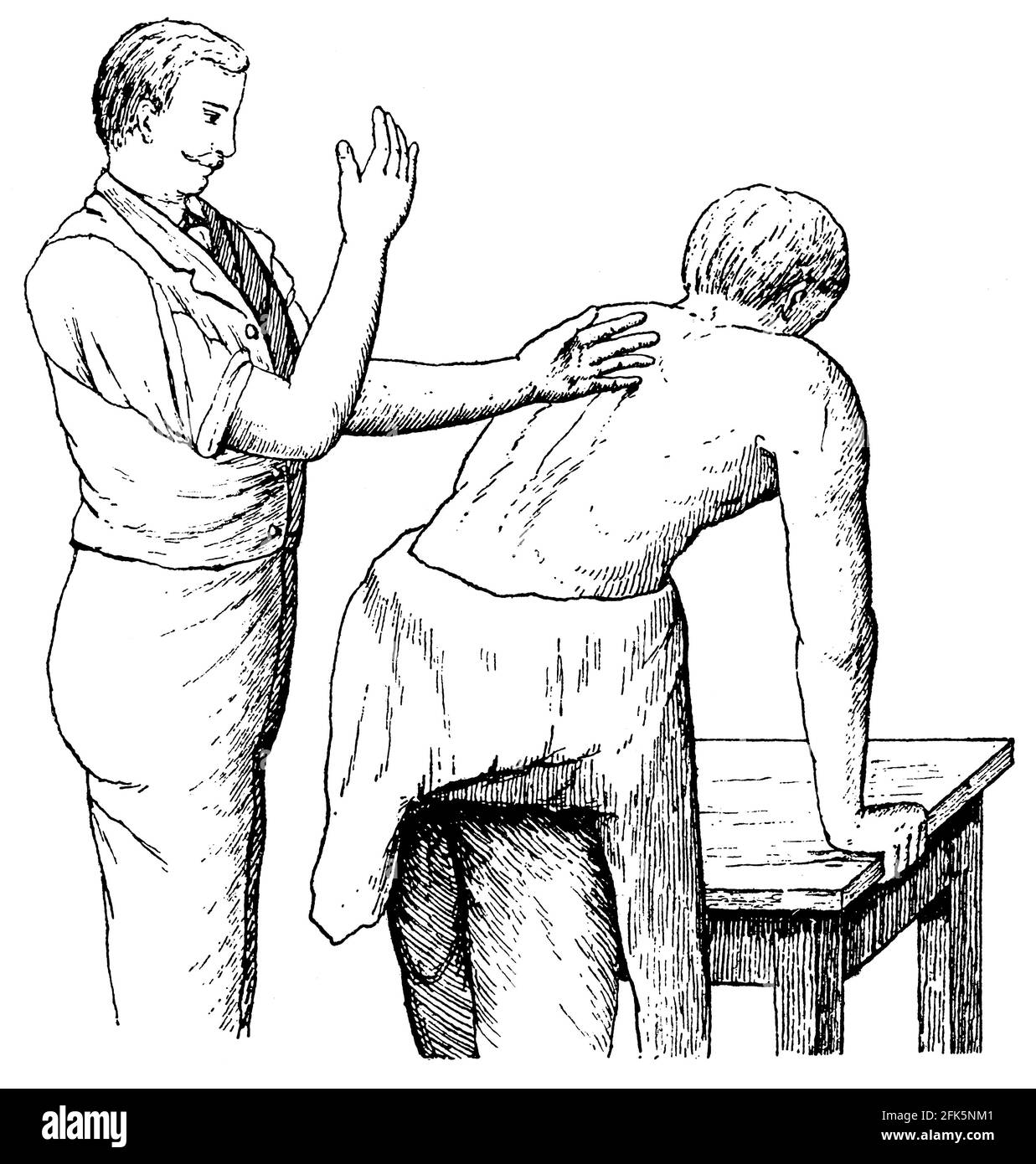 Rückenmassage. Illustration des 19. Jahrhunderts. Deutschland. Weißer Hintergrund. Stockfoto