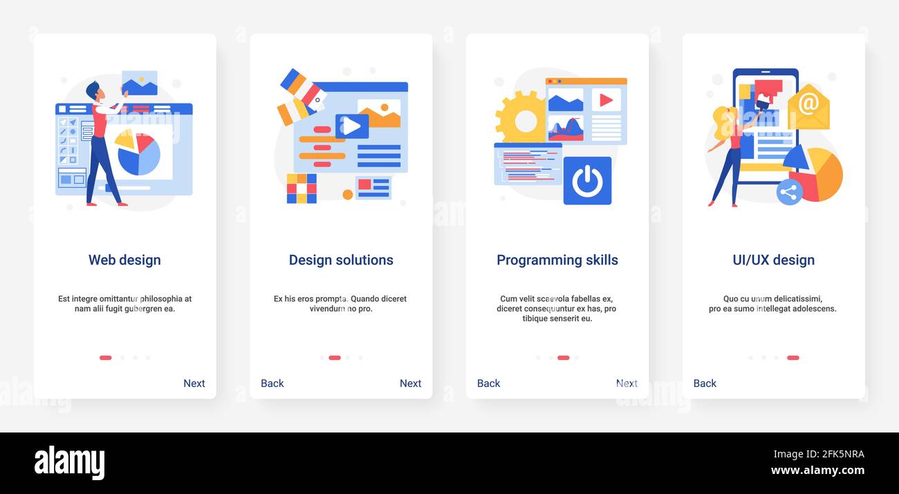 Web-Design-Lösungen, Programmiertechnologie UX, UI Onboarding mobile App Seite Screen Set Stock Vektor