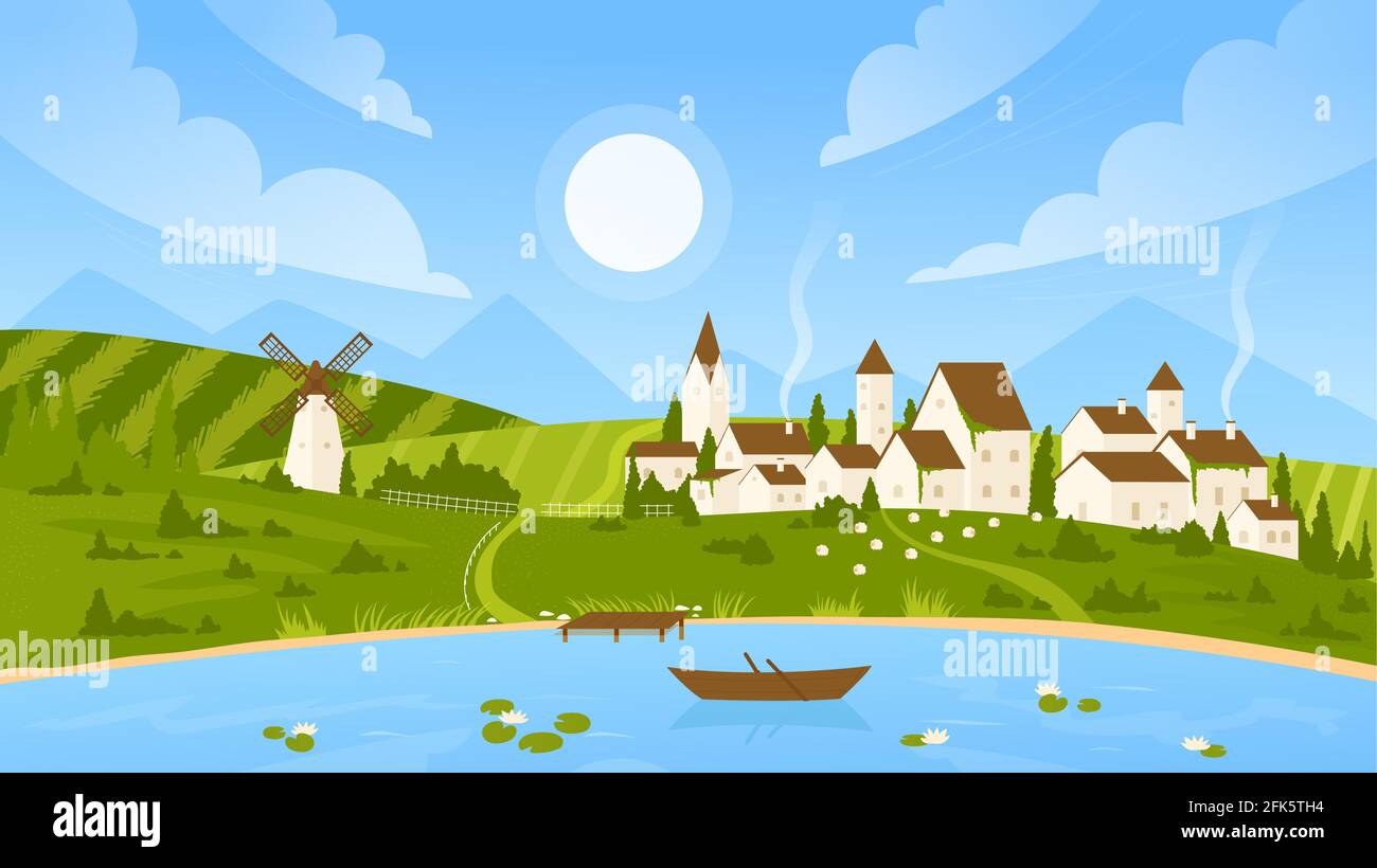 Sommer sonnige Tageslandschaft, ländliche Dorflandschaft mit Bauernhäusern, Windmühle, See Stock Vektor