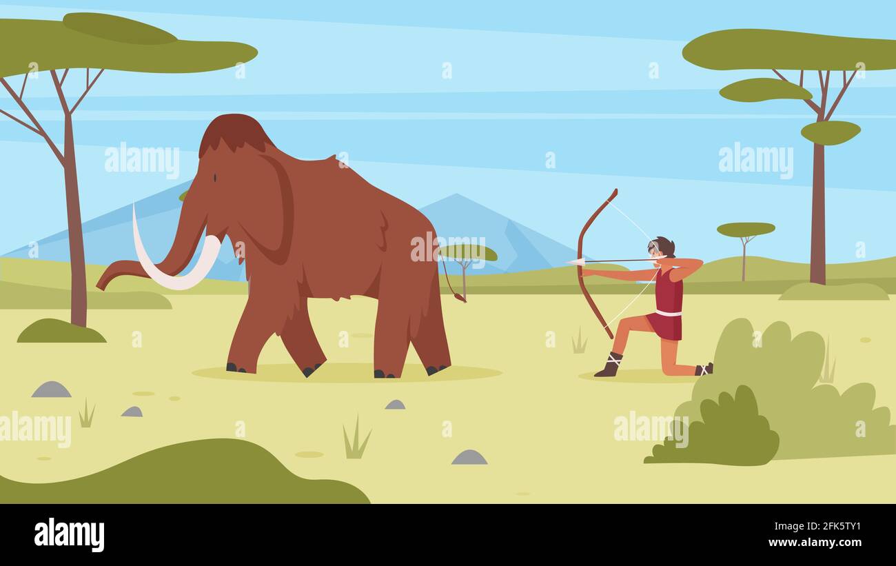 Primitive Menschen jagen Mammut, Steinzeitmenschen, die mit Pfeil und Bogen auf uraltes Tier jagen Stock Vektor