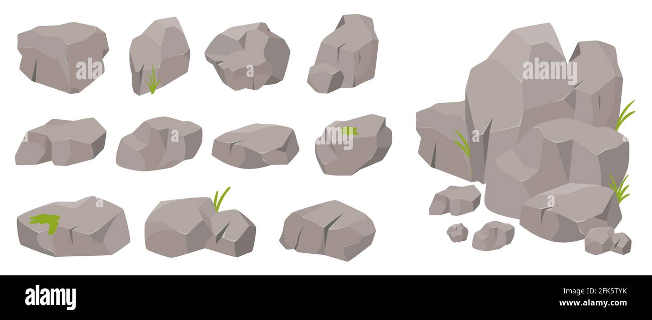 Steinfelsen-Set, dekorative einzelne, gestapelte Steine in verschiedenen Formen mit Naturrasen Stock Vektor
