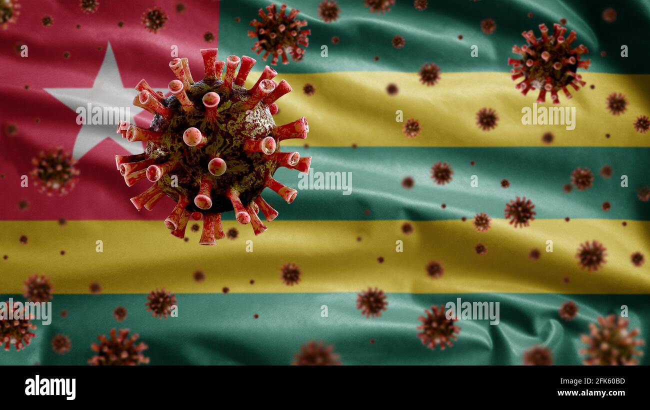 3D, das Grippevirus, das über der togolesischen Flagge schwebt, einem Erreger, der die Atemwege angreift. Togo-Banner winkt mit einer Pandemie des Covid19-Virus infe Stockfoto