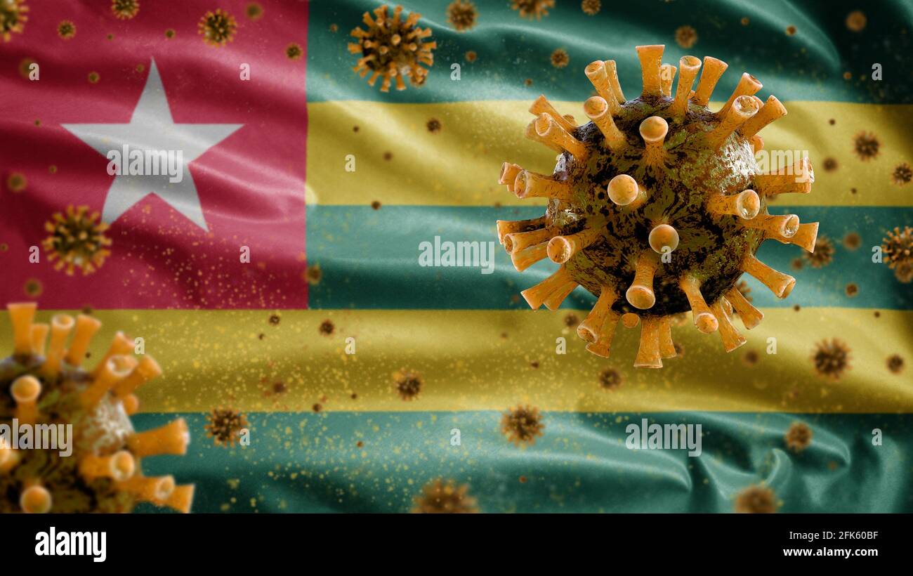 3D, togolesische Flagge winkt mit einem Coronavirus-Ausbruch, der die Atemwege als gefährliche Grippe infiziert. Influenza-Typ-Covid-19-Virus mit nationalem Togo-Verbot Stockfoto