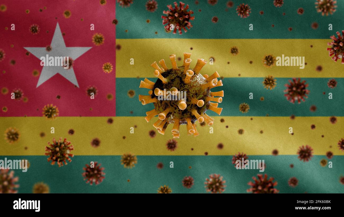 3D, das Grippevirus, das über der togolesischen Flagge schwebt, einem Erreger, der die Atemwege angreift. Togo-Banner winkt mit einer Pandemie des Covid19-Virus infe Stockfoto