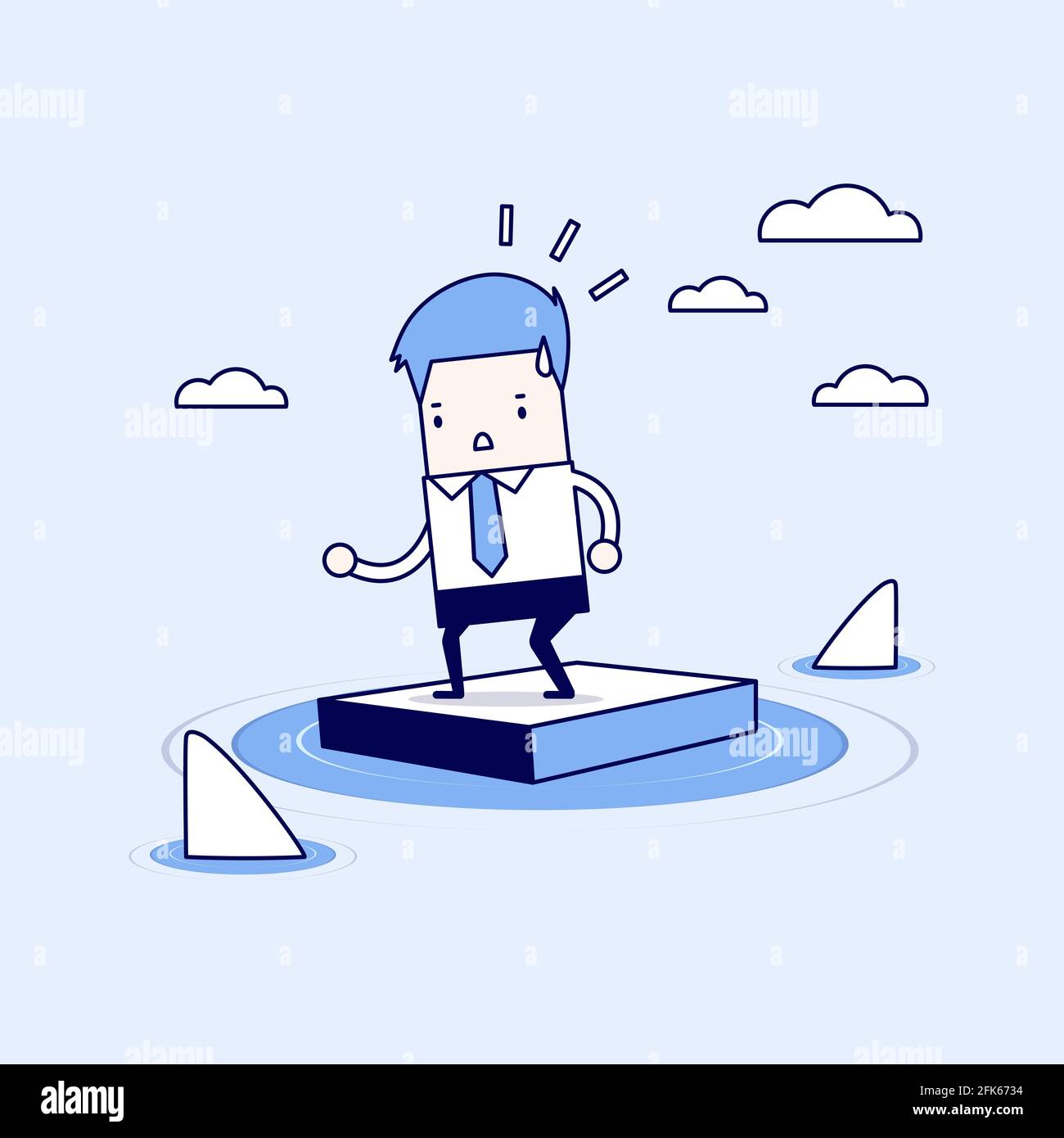 Geschäftsmann, der auf einer Aktentasche im Meer steht und von Haien umgeben ist. Cartoon-Figur dünne Linie Stil Vektor. Stock Vektor