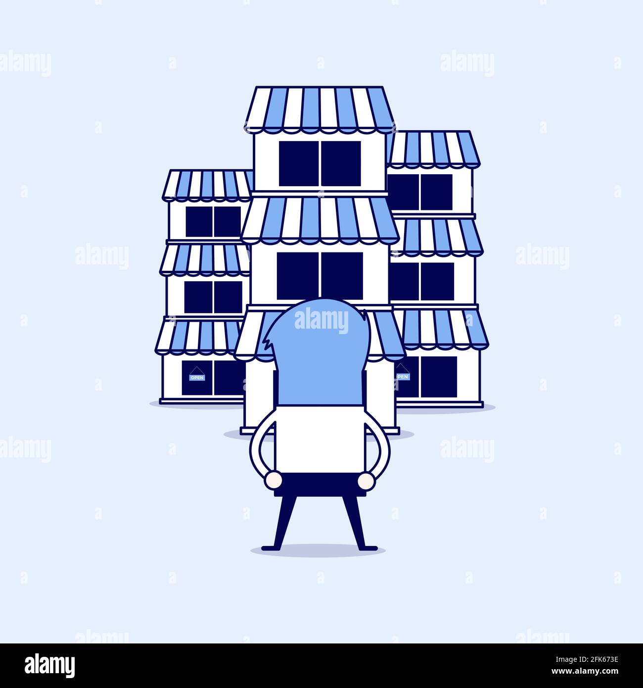 Geschäftsmann mit vielen Franchise-Shop. Cartoon-Figur dünne Linie Stil Vektor. Stock Vektor