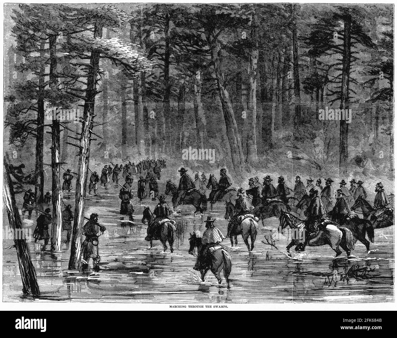 Gravur von Union-Soldaten, die während des amerikanischen Bürgerkrieges durch einen Sumpf marschieren: Stockfoto