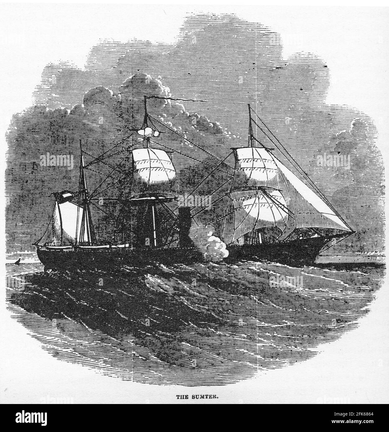 Gravur von CSS Sumter, umgebaut vom 1859 gebauten Handelsdampfer Habana. Der Sumter war der erste Dampfkreuzer der Confederate States Navy während des amerikanischen Bürgerkrieges. Sie agierte zwischen Juli und Dezember 1861 als Handelsstreiterin in der Karibik und im Atlantischen Ozean gegen die Handelsschifffahrt der Union und nahm 18 Preise ein, wurde aber in Gibraltar von Kriegsschiffen der Union Navy gefangen. Stockfoto