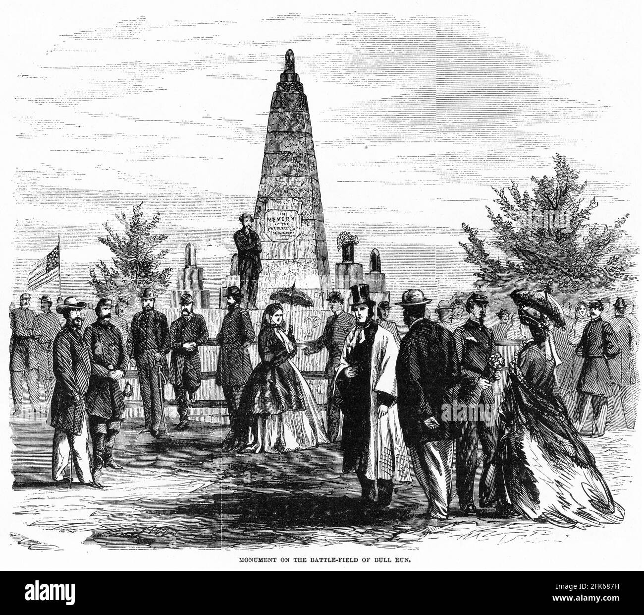 Gravur eines Denkmals, das an der Stelle der Schlacht von Bull Run während des amerikanischen Bürgerkrieges errichtet wurde: Stockfoto